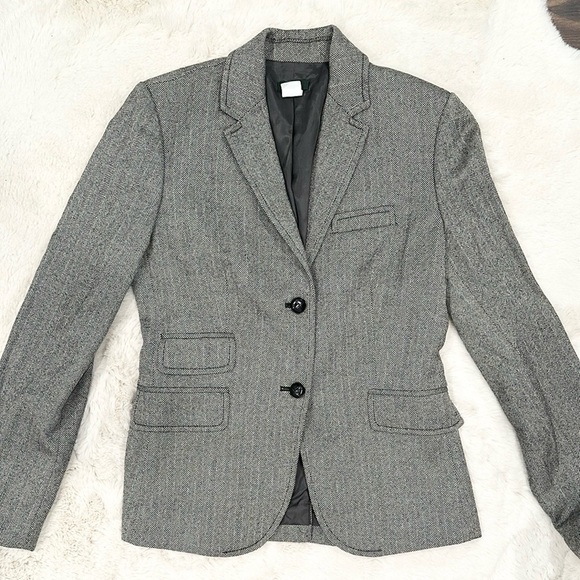 Vintage J.Crew Herringbone 100% Wool Blazer Black White size 6 - Picture 1 of 8